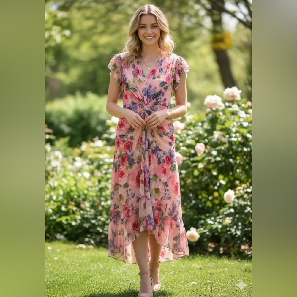 Isaac Mizrahi Pink and Purple Floral High Low Dress